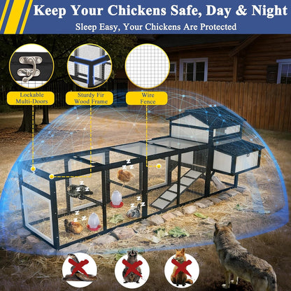 Petsblublu 116 Large Chicken Coop with Run, Wooden Hen House Outdoor Poultry Cage with Nesting Boxes