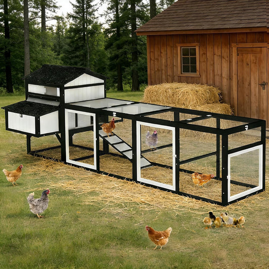 Petsblublu 116 Large Chicken Coop with Run, Wooden Hen House Outdoor Poultry Cage with Nesting Boxes