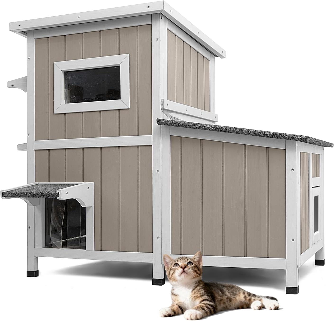 Petsblublu 2-Story Large Cat House Outdoor Feral Cat Shelter with 3 Escape Doors