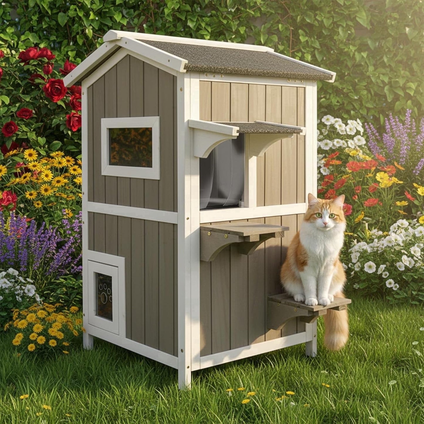 Petsblublu 2-Story Outdoor Cat House Weatherproof Wooden Feral Cat Shelter with Escape Door