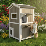 Petsblublu 2-Story Outdoor Cat House Weatherproof Wooden Feral Cat Shelter with Escape Door
