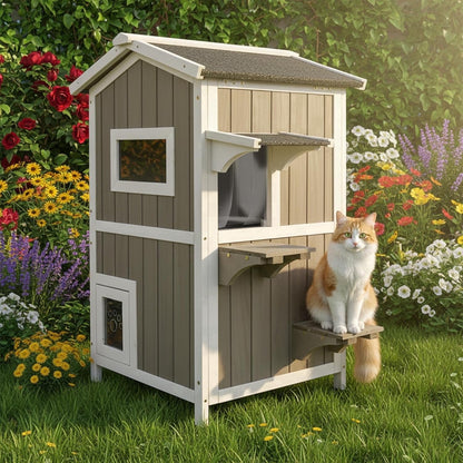 Petsblublu 2-Story Outdoor Cat House Weatherproof Wooden Feral Cat Shelter with Escape Door