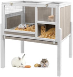 Petsblublu Wooden 2-Story Guinea Pig Cage with Pull-Out Tray and Legs, Gray