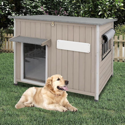 Petsblublu 40 L Weatherproof Outdoor Dog House Wooden Puppy Shelter with Elevated Floor