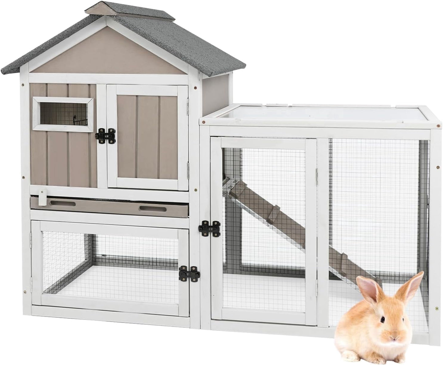 Petsblublu 47''L Rabbit Hutch Outdoor Wooden Indoor 2 Story Bunny House with Waterproof Roof