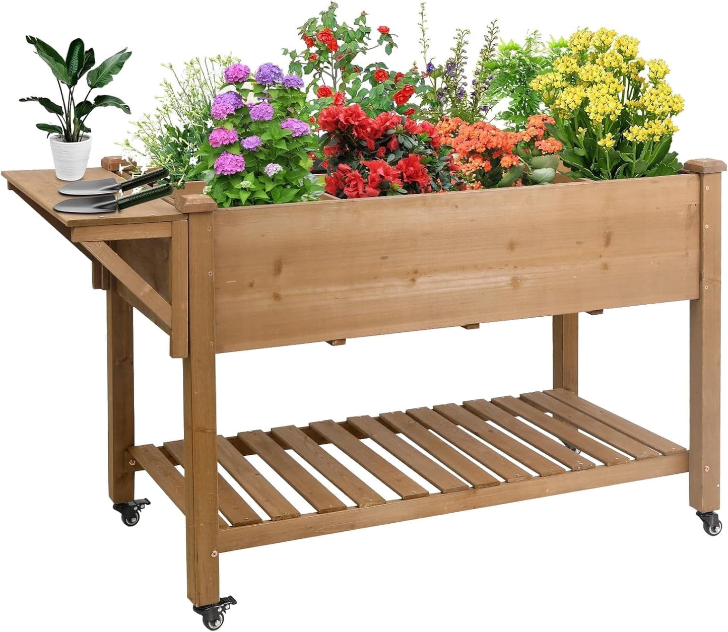 Petsblublu 55x24x32in Raised Garden Bed, Elevated Wood Planter w/ Wheels, Shelf, Liner - Brown
