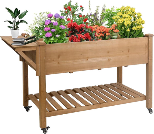 Petsblublu 55x24x32in Raised Garden Bed, Elevated Wood Planter w/ Wheels, Shelf, Liner - Brown