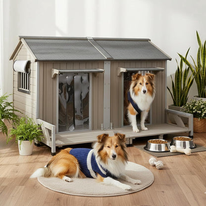 Petsblublu 59L Wooden Outdoor Large Dog House for 2 Dogs with Large Balcony
