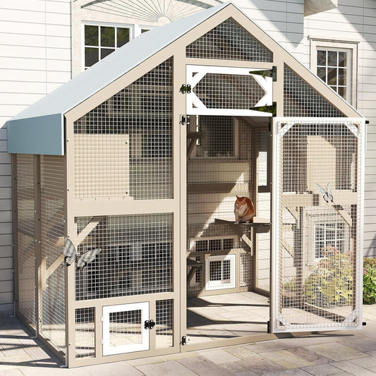 Petsblublu 71 H Cat Catio Outdoor Cat Enclosure Large Cat House with 2 Condos, 6 Platforms