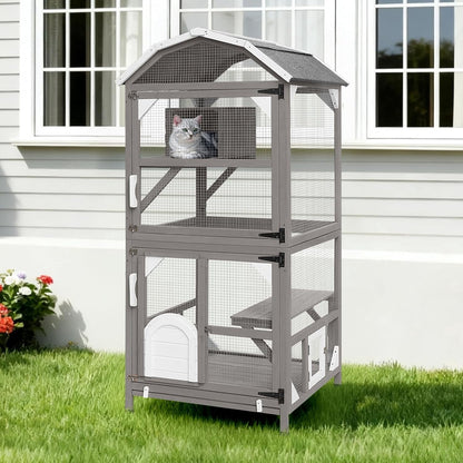 Petsblublu 71H Outdoor Cat Enclosure Wooden Cat House 4 Tiers with Removable Floor