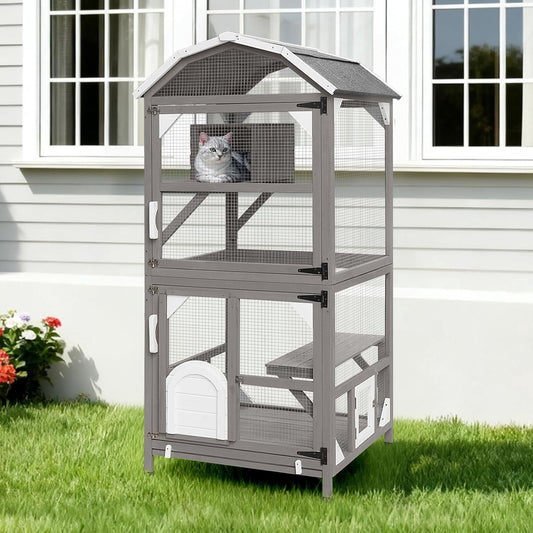 Petsblublu 71H Outdoor Cat Enclosure Wooden Cat House 4 Tiers with Removable Floor