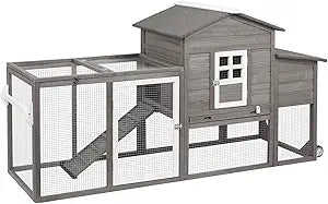 Petsblublu 79 L Chicken Coop with Run Outdoor Indoor Mobile Hen House with Nesting Boxes, Wheels, Gray