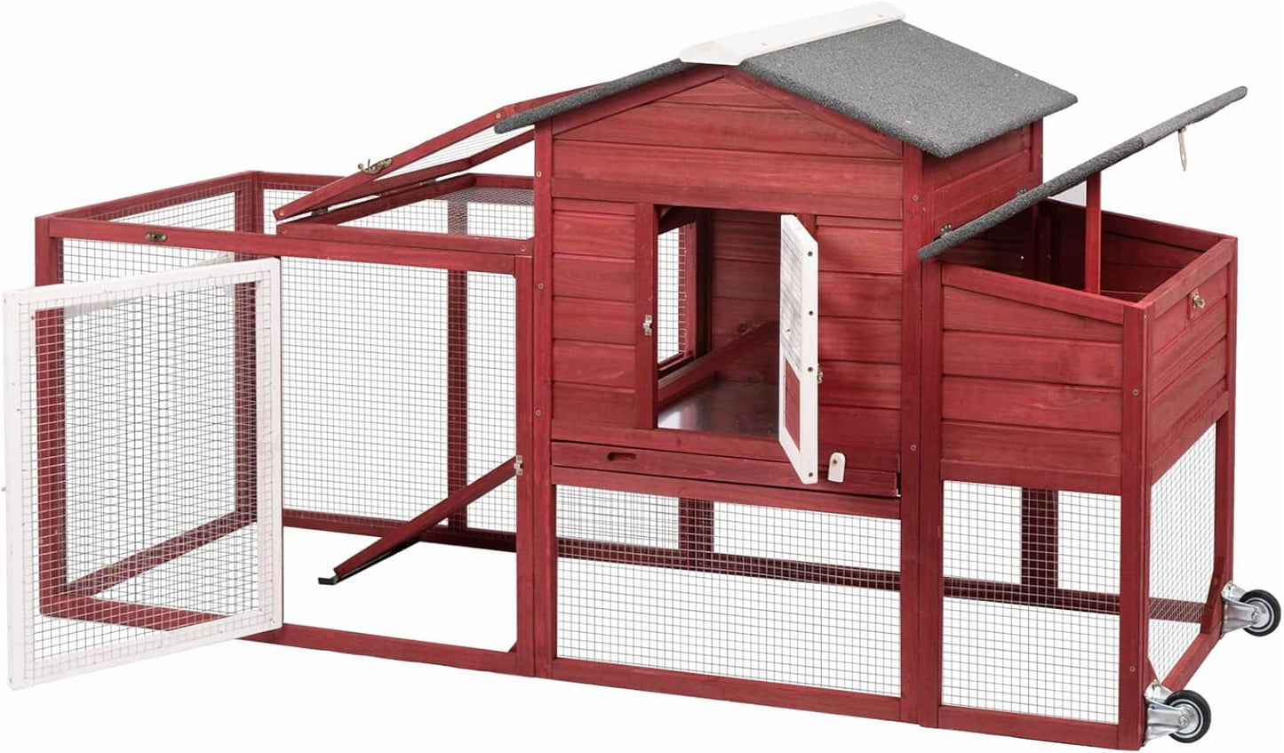 Petsblublu 79 L Chicken Coop with Run Outdoor Indoor Mobile Hen House with Nesting Boxes, Wheels, Red