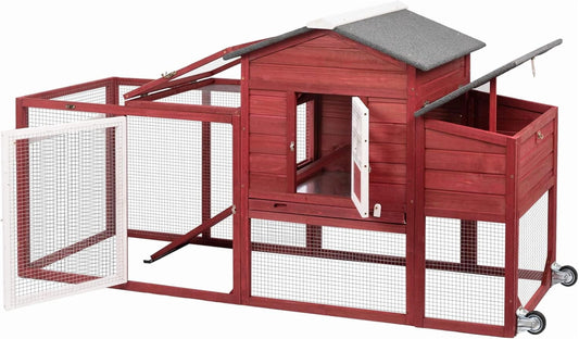 Petsblublu 79 L Chicken Coop with Run Outdoor Indoor Mobile Hen House with Nesting Boxes, Wheels, Red