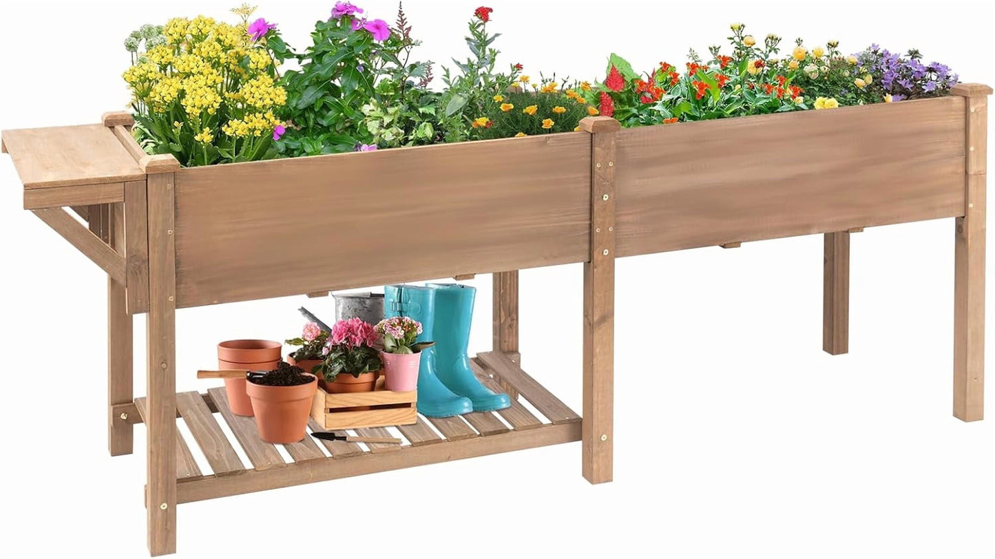 Petsblublu Raised Garden Bed with Table and Shelf, 80x23x30 in, Brown, for Outdoor Use