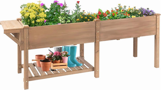 Petsblublu Raised Garden Bed with Table and Shelf, 80x23x30 in, Brown, for Outdoor Use