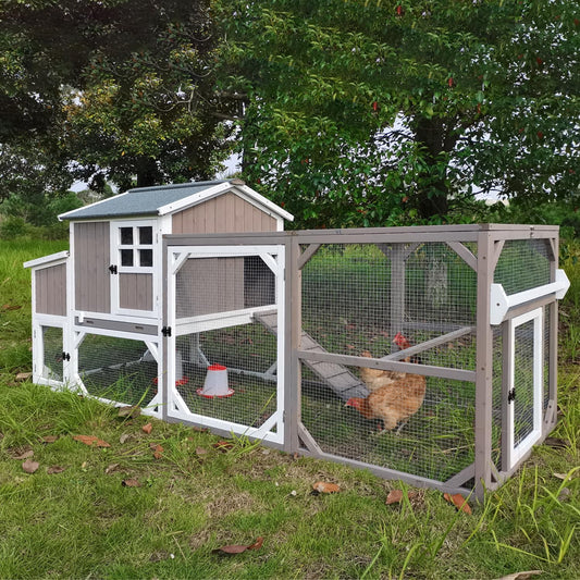 Petsblublu 95.3 L Outdoor Large Chicken Coop with Run, Chicken Tractor Hen House with 3 Nesting Boxes, Gray