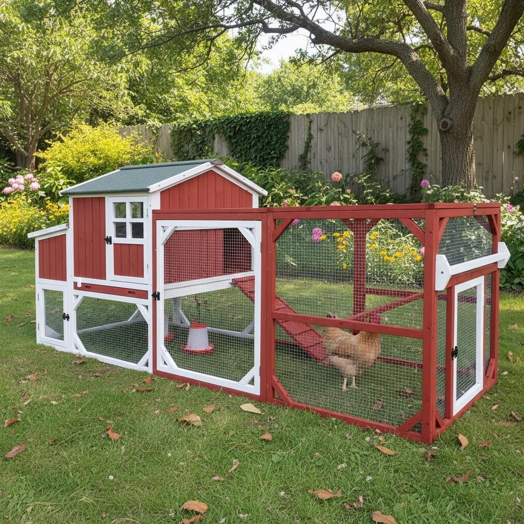 Petsblublu 95.3 L Outdoor Large Chicken Coop with Run, Chicken Tractor Hen House with 3 Nesting Boxes, Red