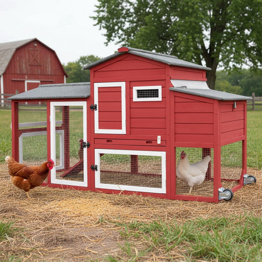Petsblublu Chicken Coop with Nesting Box, Outdoor Poultry Cage for Backyard, Indoor Hen House with Removable Trays, Red