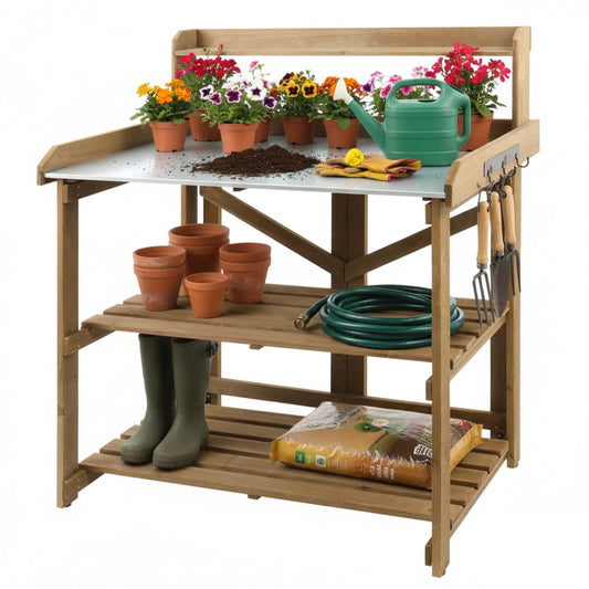 Petsblublu Garden Potting Bench Table Wooden Horticulture Outdoor Planting Work Bench with 2 Large Open Shelf