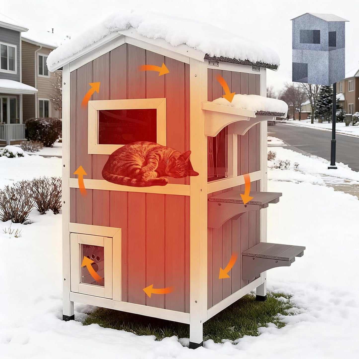 Petsblublu Insulated Outdoor Cat House 2 Story Weatherproof Elevated Outside Cat Shelter, Gray
