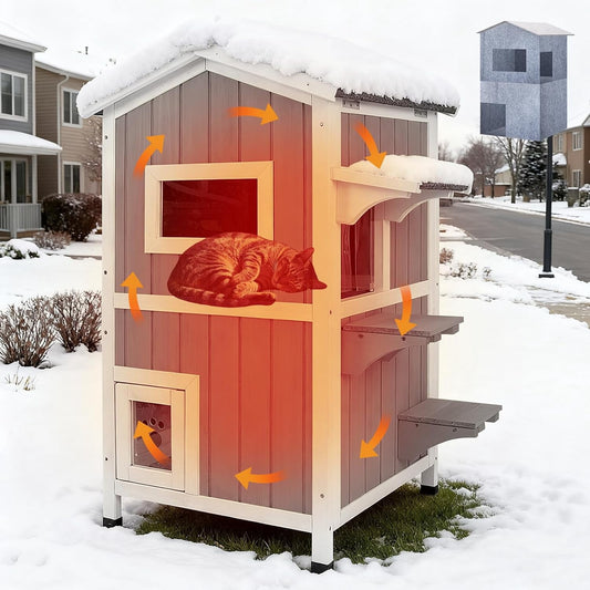 Petsblublu Insulated Outdoor Cat House 2 Story Weatherproof Elevated Outside Cat Shelter, Gray
