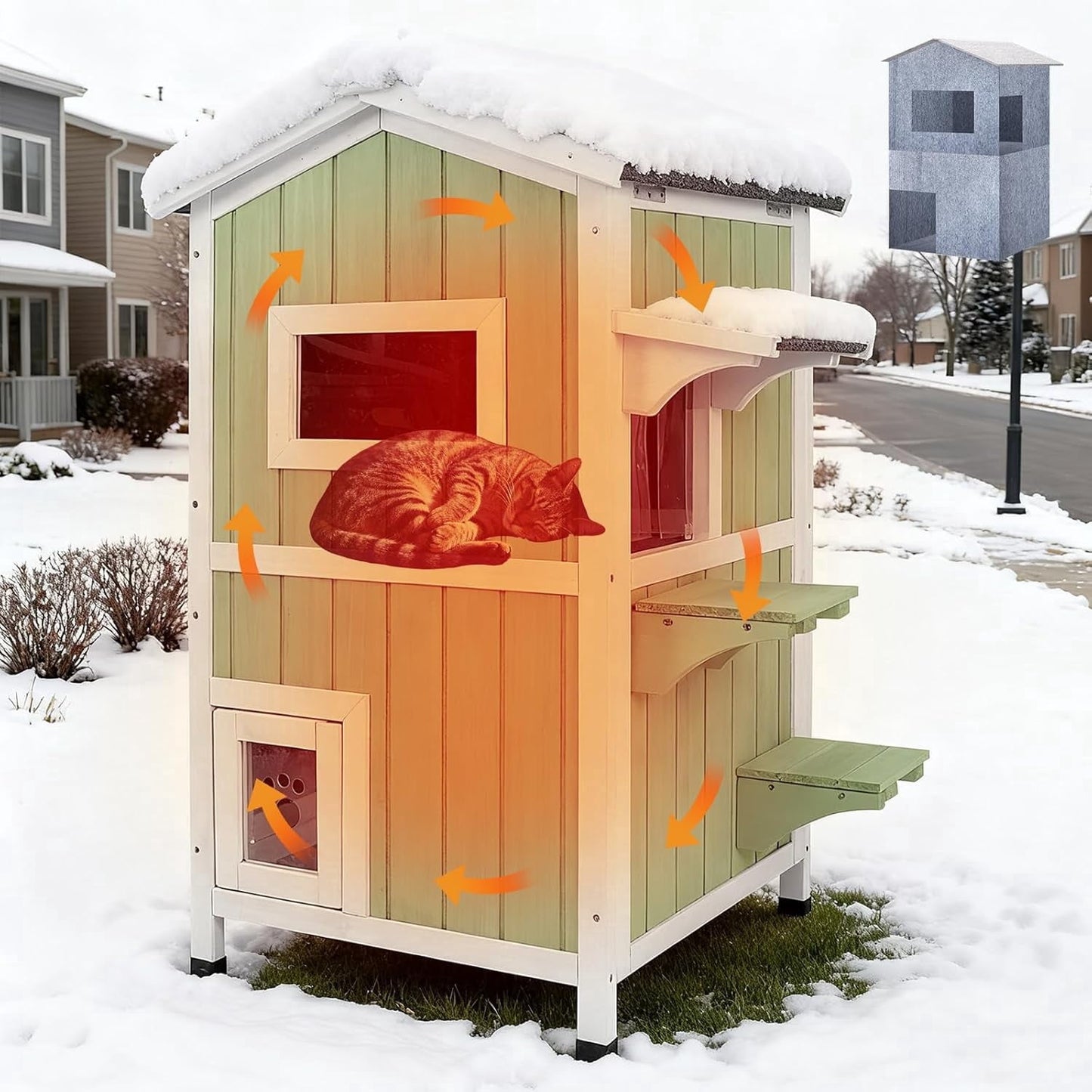 Petsblublu Insulated Outdoor Cat House 2 Story Weatherproof Elevated Outside Cat Shelter, Green
