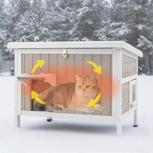 Petsblublu Insulated Outdoor Wooden Cat House Feral Cats Shelter for Winter, 34.4x21.6x25.6