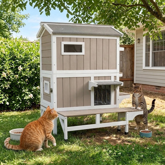 Petsblublu Insulated Outdoor Two-Story Cat House with Jumping Platforms, Gray