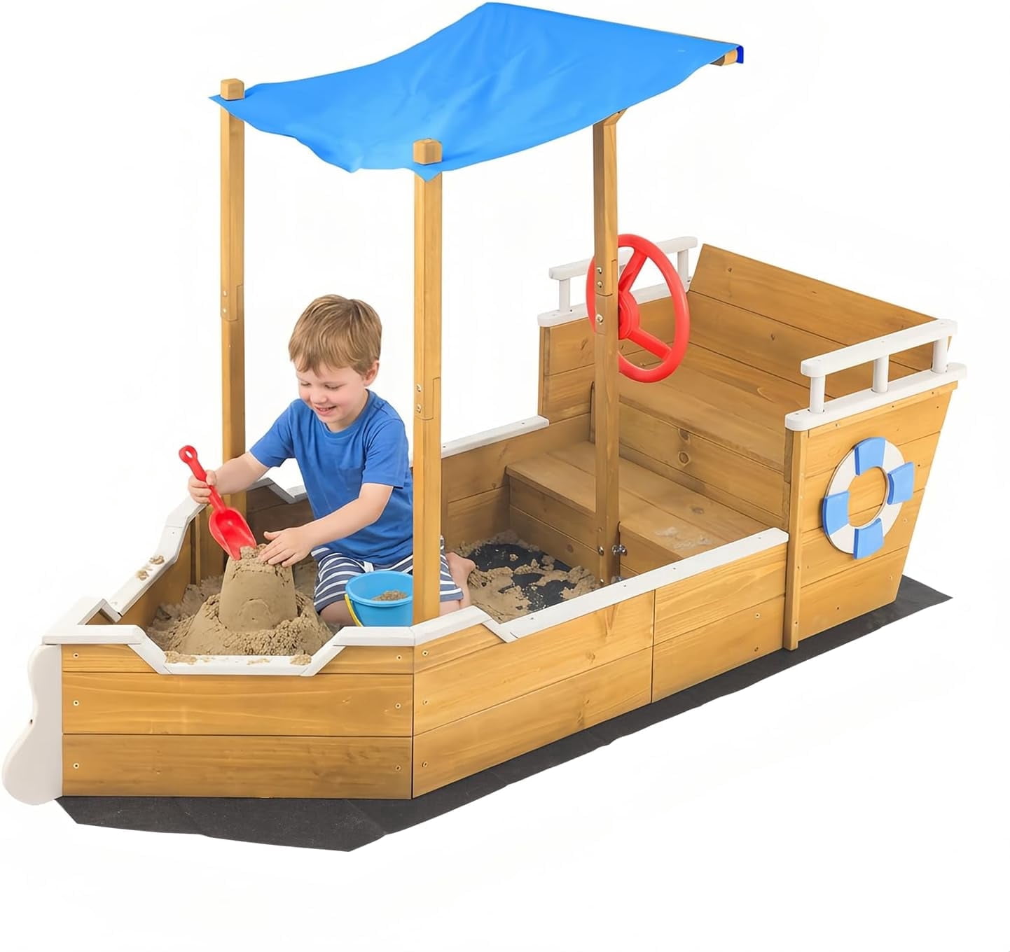 Petsblublu Kids Wooden Outdoor Sandbox with Canopy for Aged 3-8 Years Old