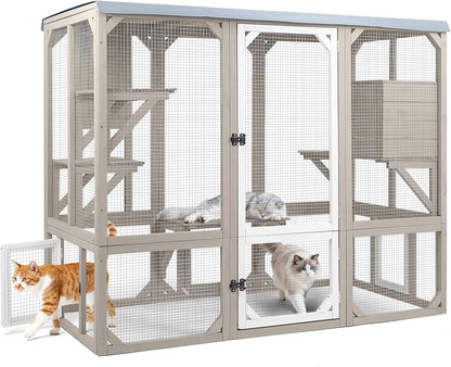 Petsblublu Large Catio Outdoor Cat Enclosure, Wooden Cat House with Removable Weatherproof Cover, 4 Platforms