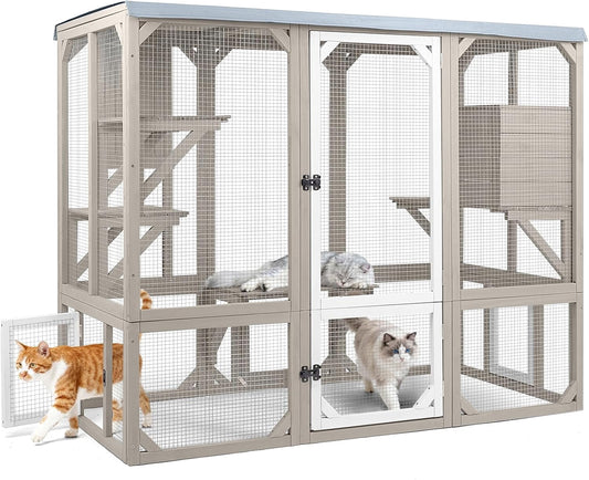Petsblublu Large Catio Outdoor Cat Enclosure, Wooden Cat House with Removable Weatherproof Cover, 4 Platforms
