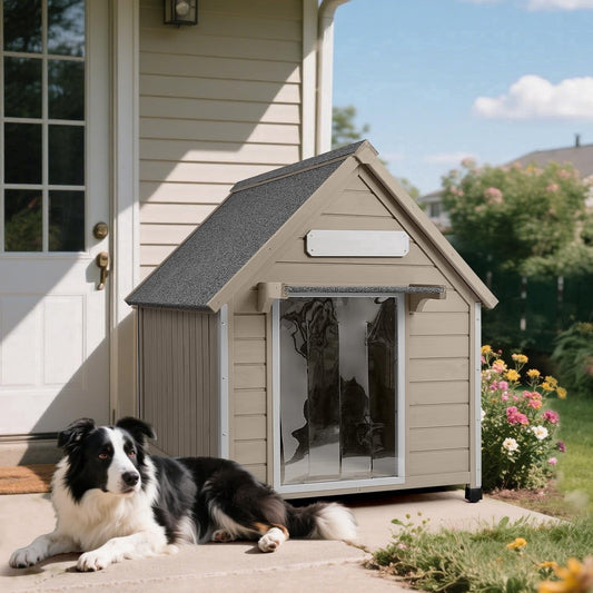 Petsblublu Large Dog House Outdoor Wooden Dog Kennel with Chew-Proof Iron Frame, 30.5 D*37.4 W*39.3 H