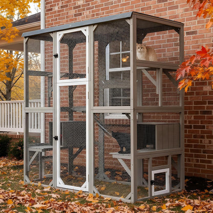 Petsblublu Large Outdoor Cat Catio Enclosures, Wooden Catio Window Cat Patio for Cats Feral with 5 Platforms