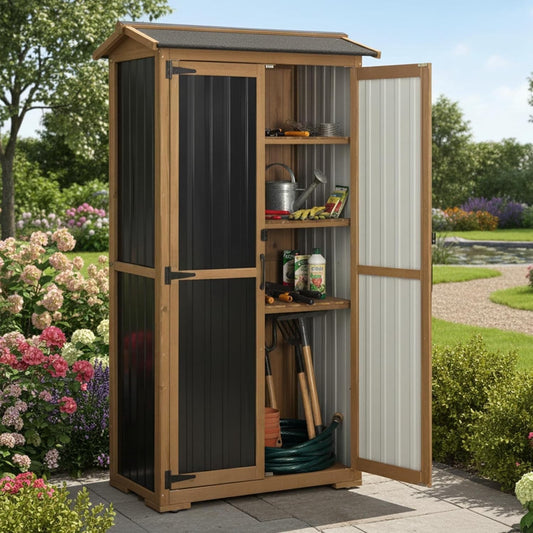 Petsblublu Large Outdoor Storage Cabinet Garden Tool Shed,Wood Outdoor Storage Shed with Three Adjustable Shelves