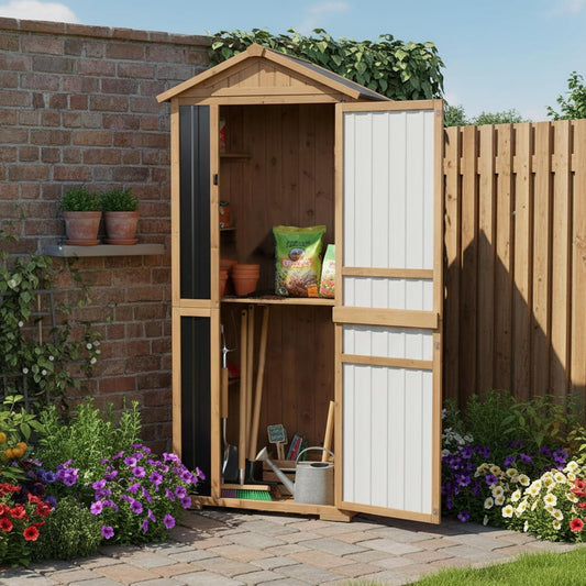 Petsblublu Large Outdoor Storage Cabinet with 4 Shelves, Wood Outdoor Storage Shed with Weatherproof Roof