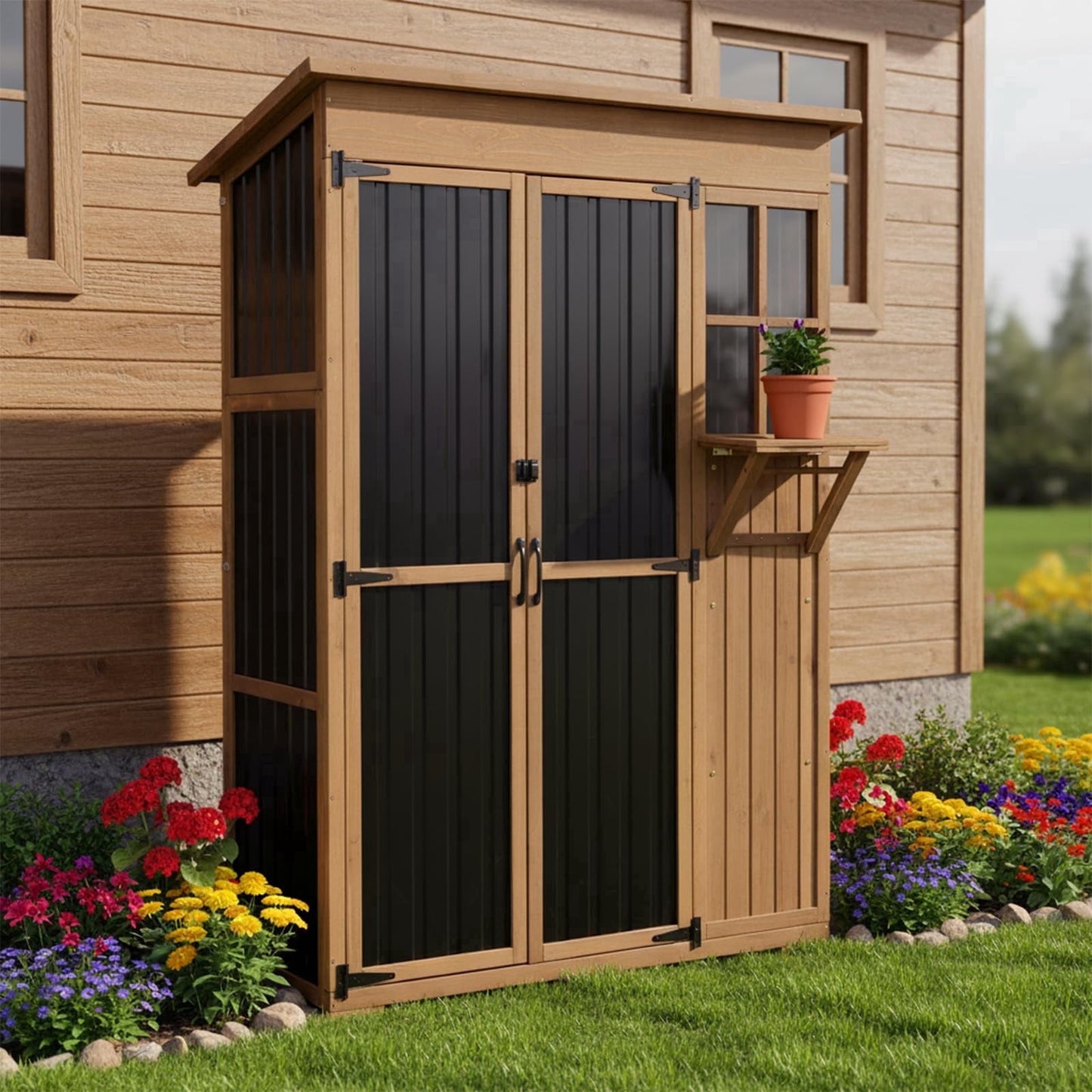 Petsblublu Large Storage Shed, Wood & Metal Outdoor Storage Cabinet for Patio Backyard, Garden Garage Tool Shed, Brown
