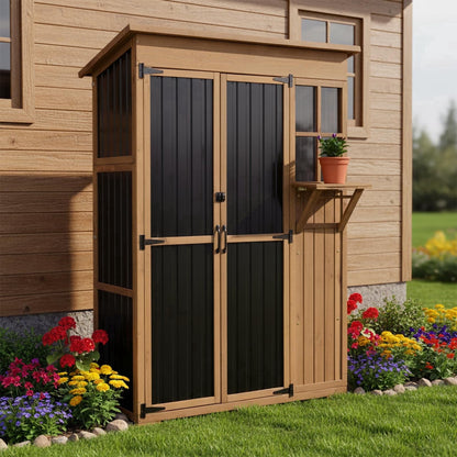 Petsblublu Large Storage Shed, Wood & Metal Outdoor Storage Cabinet for Patio Backyard, Garden Garage Tool Shed, Brown