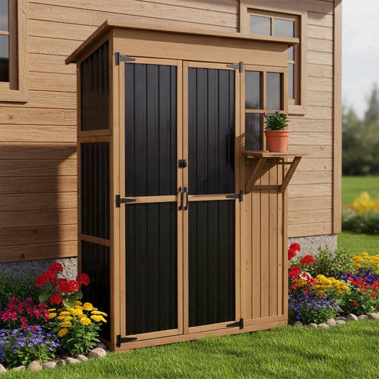 Petsblublu Large Storage Shed, Wood & Metal Outdoor Storage Cabinet for Patio Backyard, Garden Garage Tool Shed, Brown