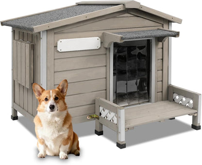 Petsblublu Large Wooden Outdoor Dog House with Porch，34 D x 22 W x 26.5 H