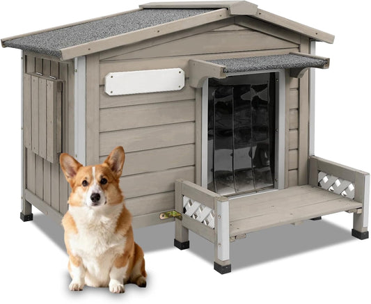Petsblublu Large Wooden Outdoor Dog House with Porch，34 D x 22 W x 26.5 H