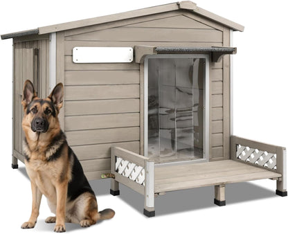 Petsblublu Large Wooden Outdoor Dog House with Porch，43.5 D x 29.5 W x 33.5 H