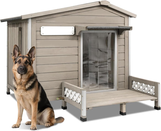 Petsblublu Large Wooden Outdoor Dog House with Porch，43.5 D x 29.5 W x 33.5 H