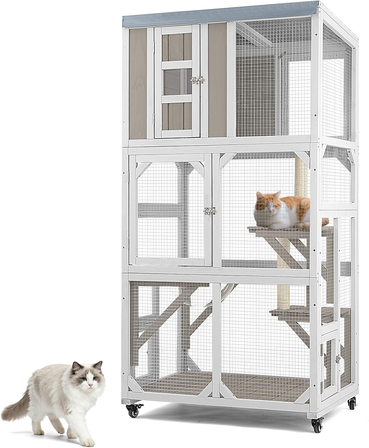 Petsblublu Outdoor Cat Enclosure with Wheels, Window Catio Large Cat House with 3 Platforms