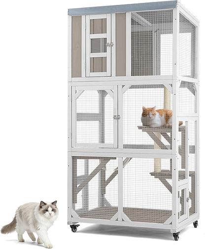 Petsblublu Outdoor Cat Enclosure with Wheels, Window Catio Large Cat House with 3 Platforms