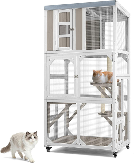 Petsblublu Outdoor Cat Enclosure with Wheels, Window Catio Large Cat House with 3 Platforms
