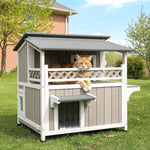 Petsblublu Outdoor Cat House 2 Story Wooden Cat Feral with Balcony Waterproof, Escape Doors