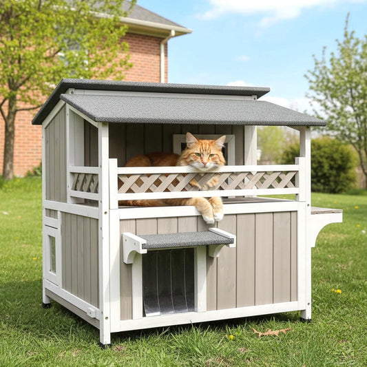Petsblublu Outdoor Cat House 2 Story Wooden Cat Feral with Balcony Waterproof, Escape Doors