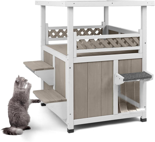 Petsblublu Outdoor Cat House Weatherproof 2 Story Indoor Cat Feral Shelter