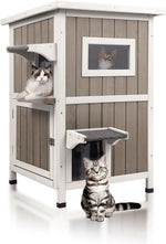 Petsblublu Outdoor Cat House Weatherproof, Two Story Wooden Feral Cat Shelter with 2 Escape Door